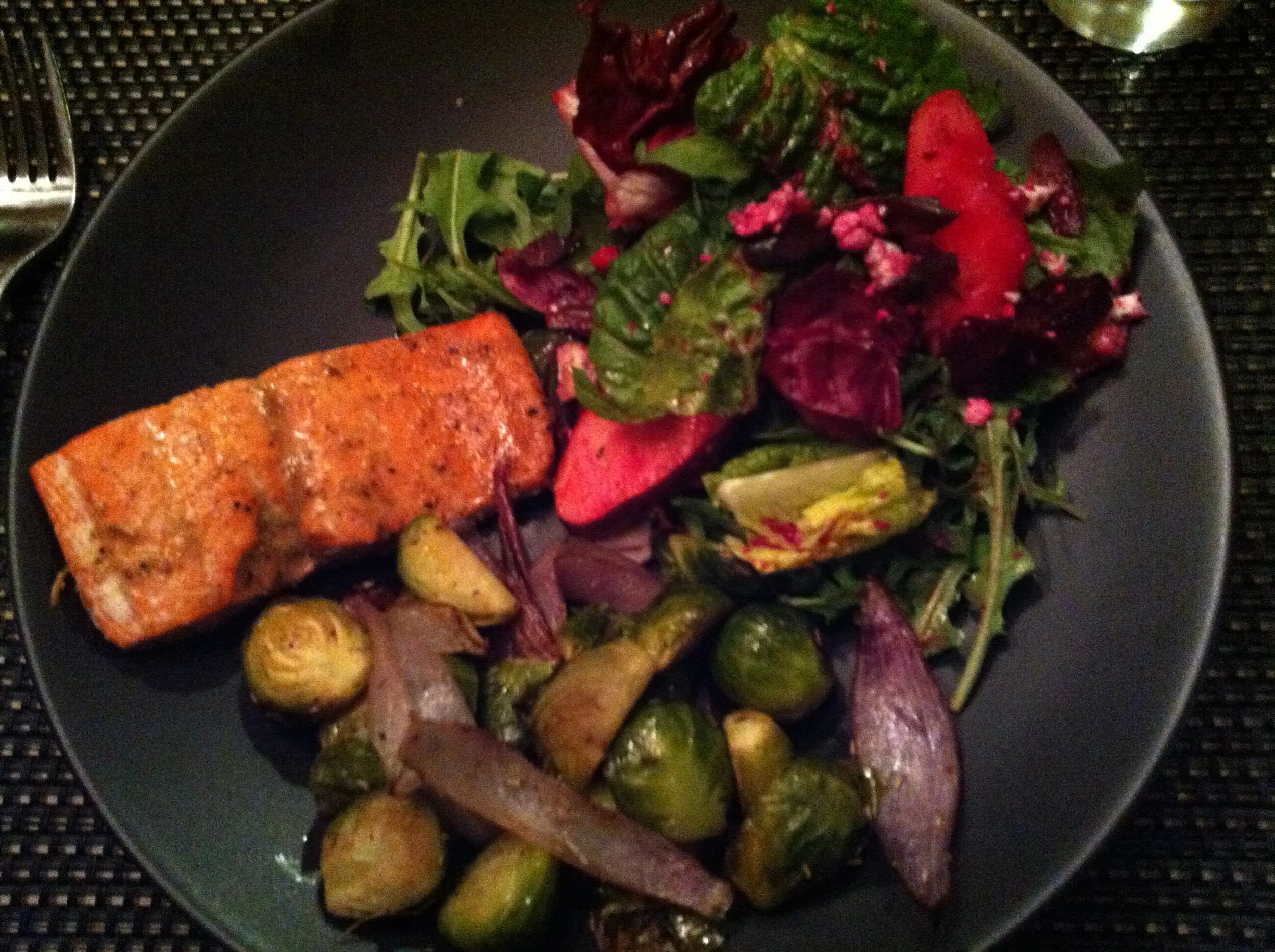 Salmon and Brussels Sprouts with Beet Salad