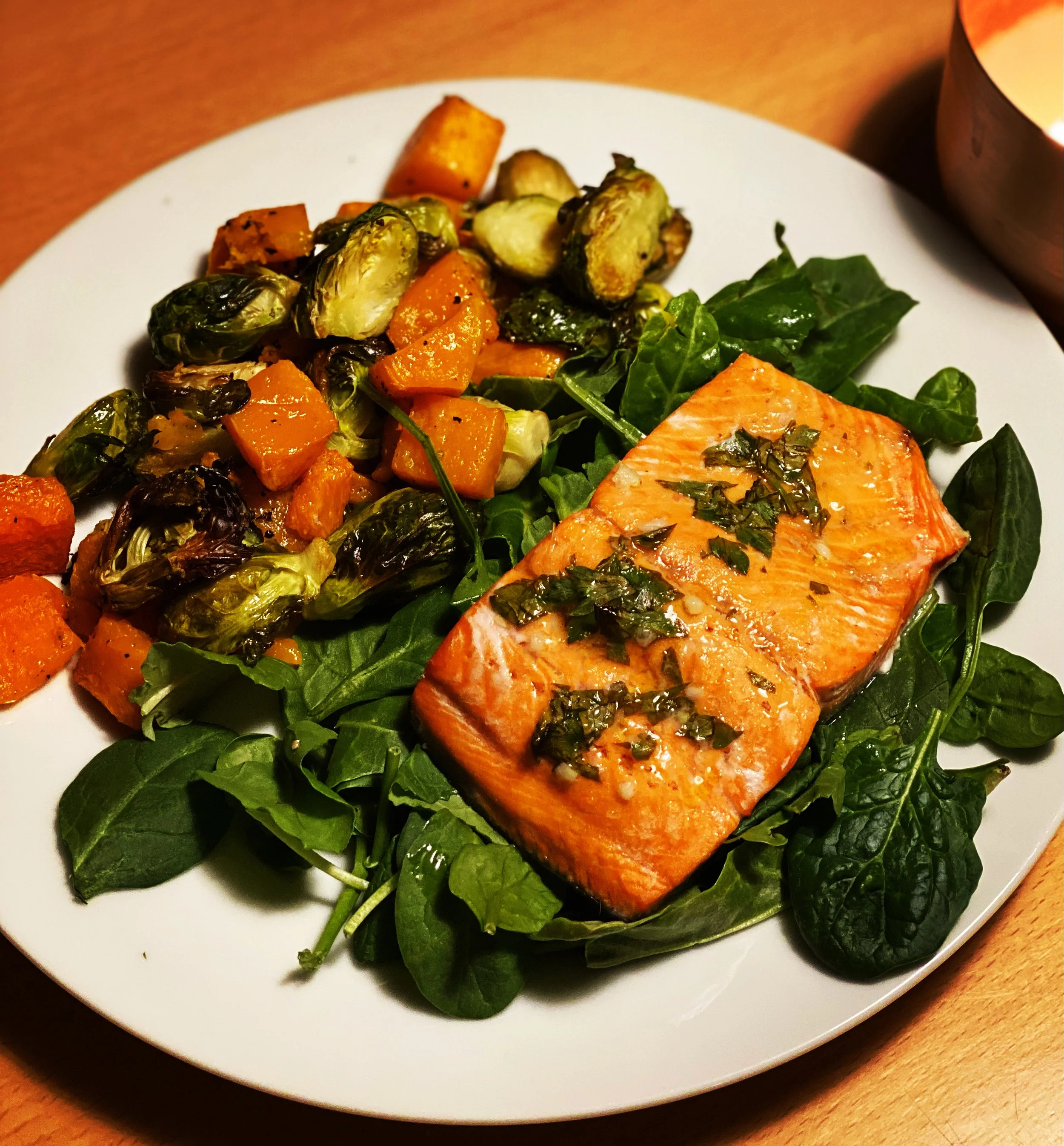 One Pan Lemon Salmon with Squash and Brussels Sprouts