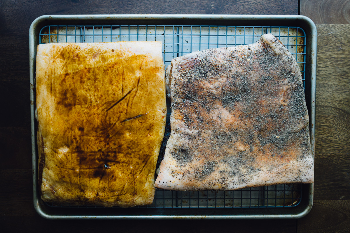 After they dried for 24 hours we rubbed molasses on one and black pepper + thyme on another
