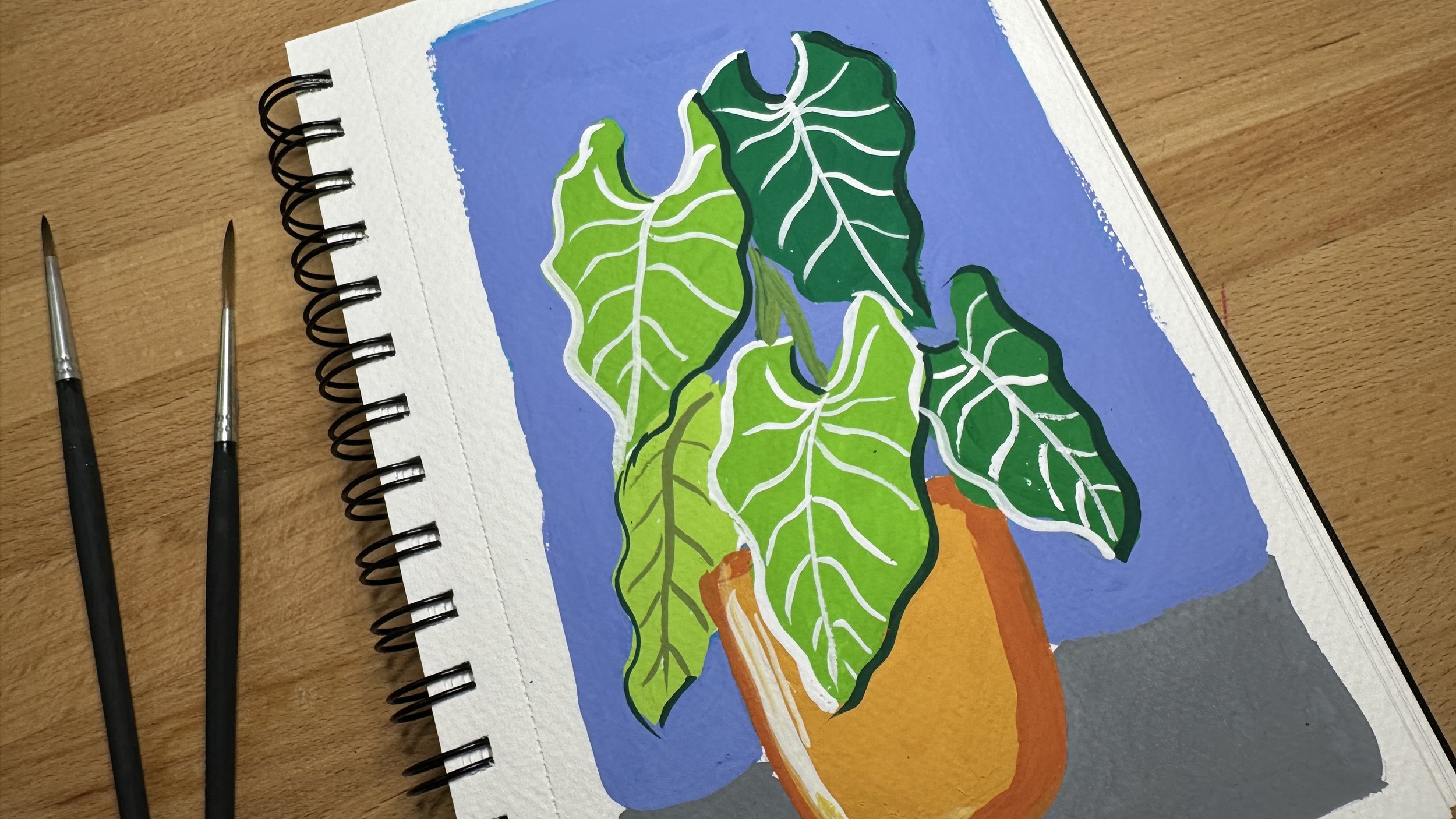 Finished gouache painting of simple green botanical leaves on white paper