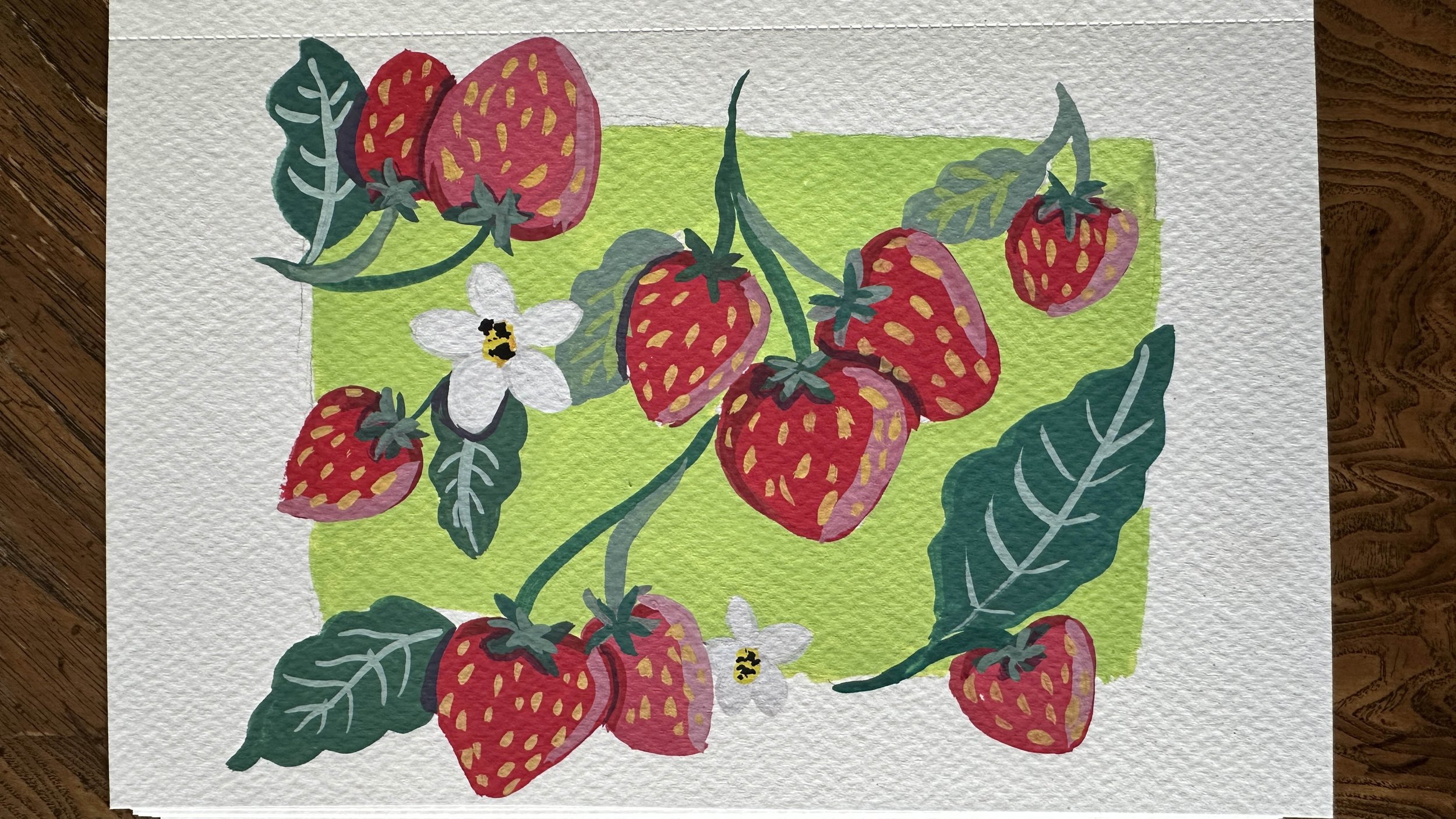 A small strawberry gouache painting study created while experimenting with gouache at my office desk.