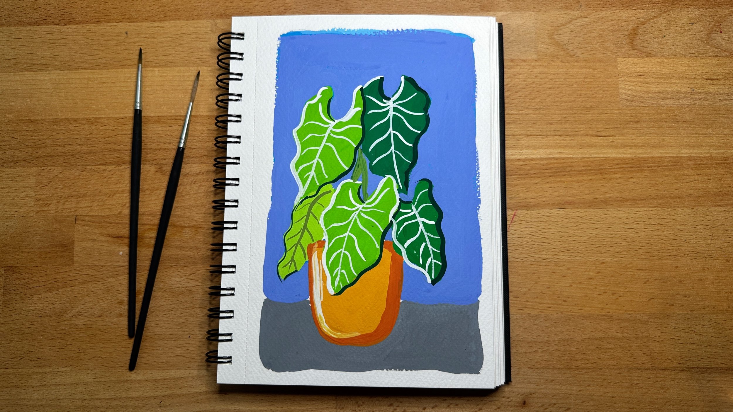 Minimal botanical gouache painting featuring green leaves on blue background