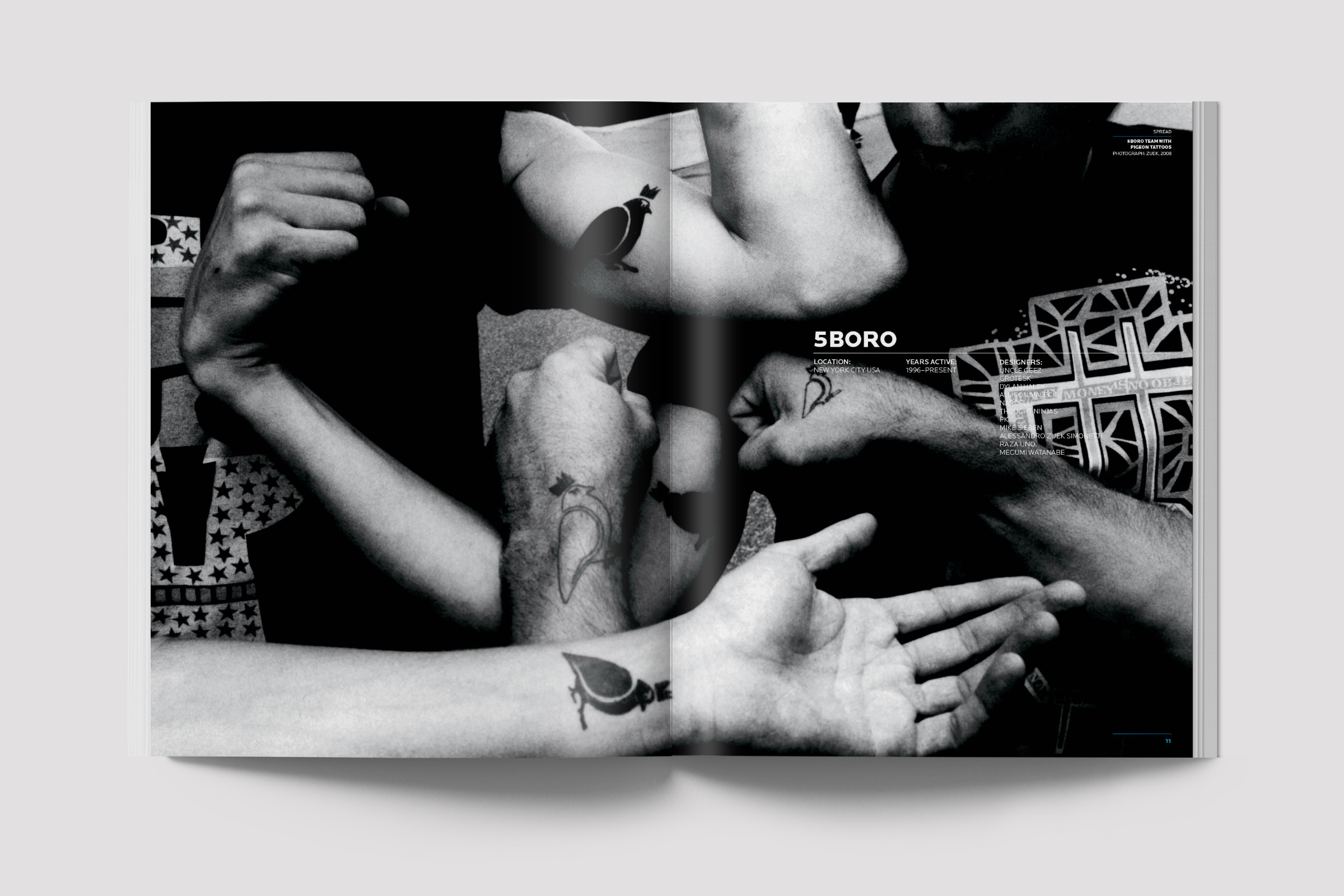 The book is structured alphabetically by brand. The opening spread is always an immersive photo or graphic from the featured company.