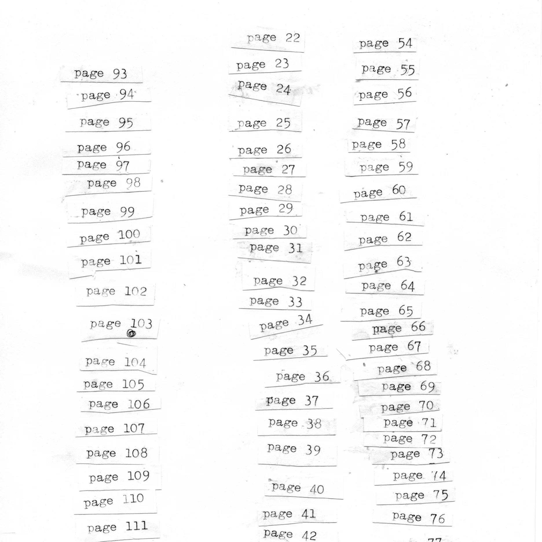 Original sheet of type-writer page numbers from “DIY Album Art”