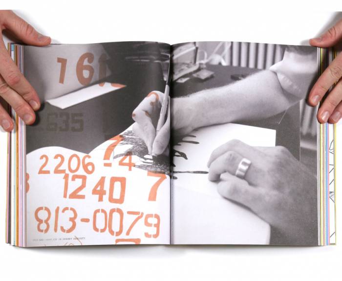 Spread from The MVA’s section in “Hand Job”. Photograph of Joshua drawing by Kimberlee Whaley with a sketchbook page overlaid. Book design by Mike Perry.