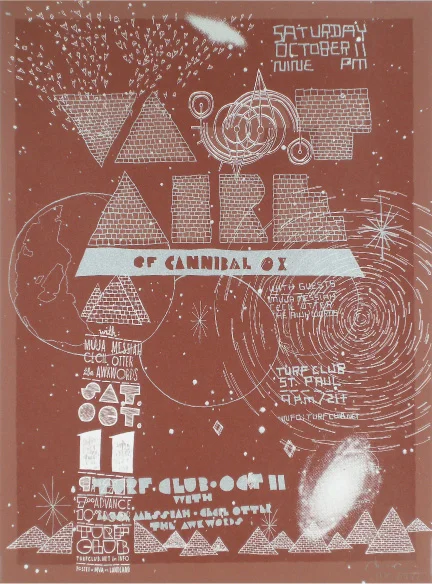 White, silver and varnish on brick-colored paper