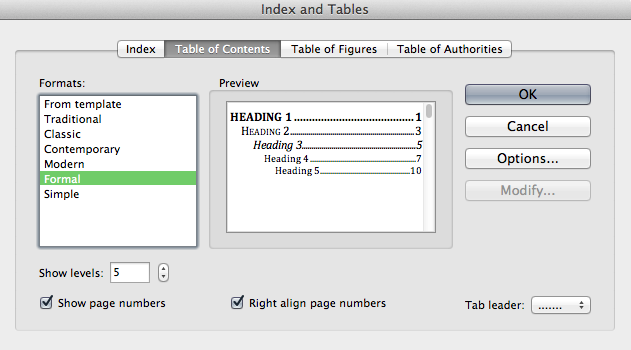 Table of Contents creation window.