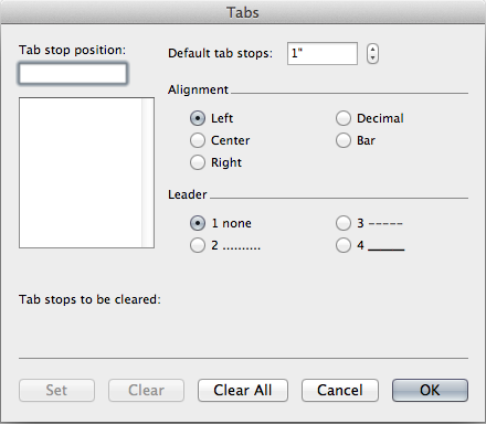 Tab Menu dialogue box
