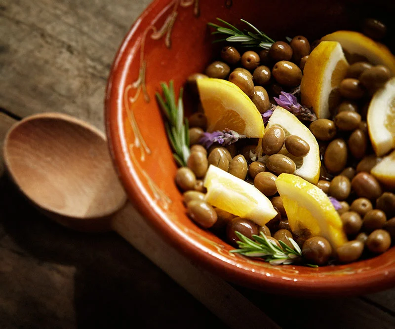 Marinated lemon and rosemary home cured olives.