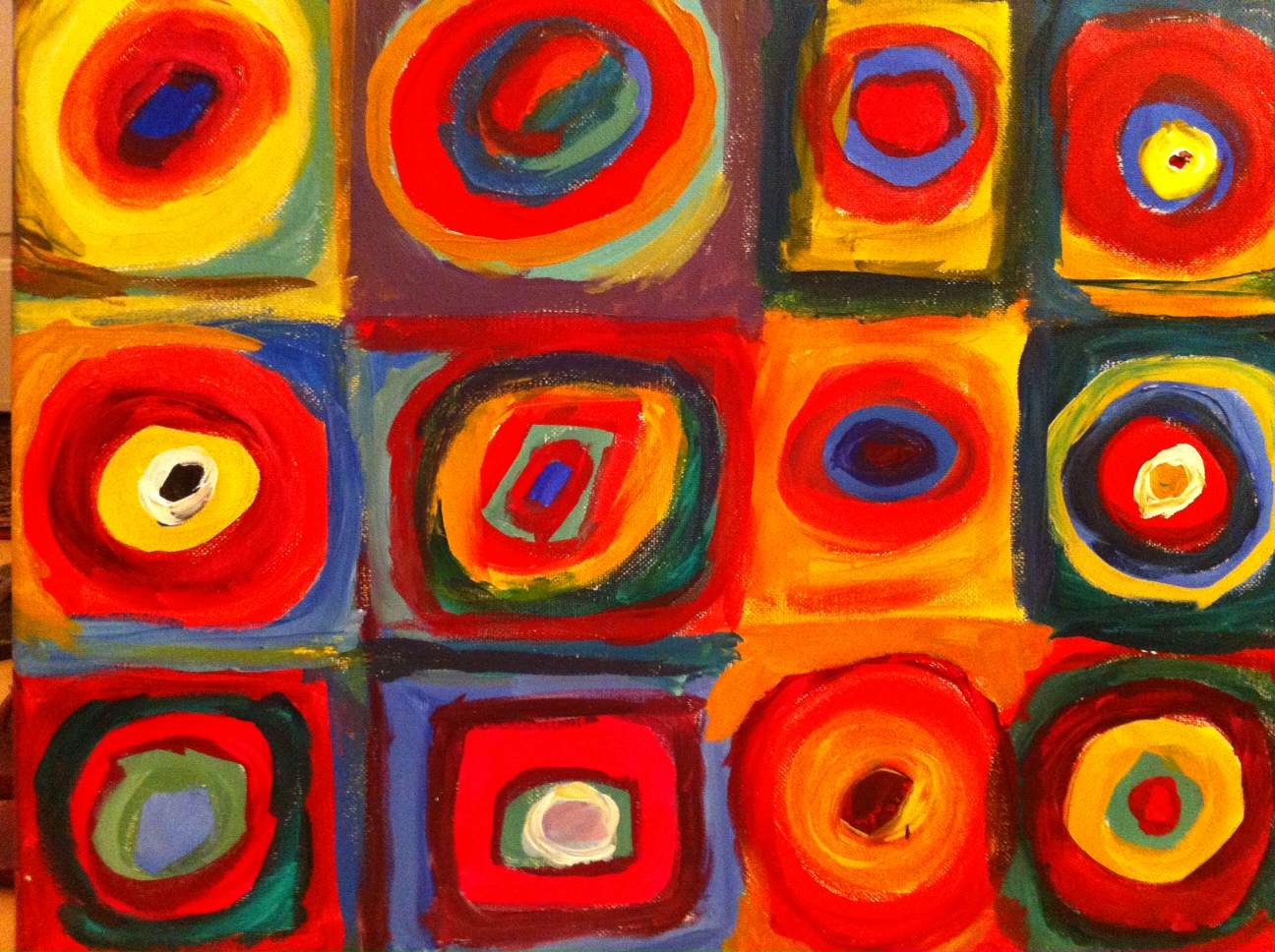 Madeline Lovejoy - COLOR is perspective and expression; it can symbolize emotion, trigger memories, evoke sympathies. Painting was and is one if my favorite activities! My re-creation of Kandinsky's Color Study Squares with Concentric Circles.