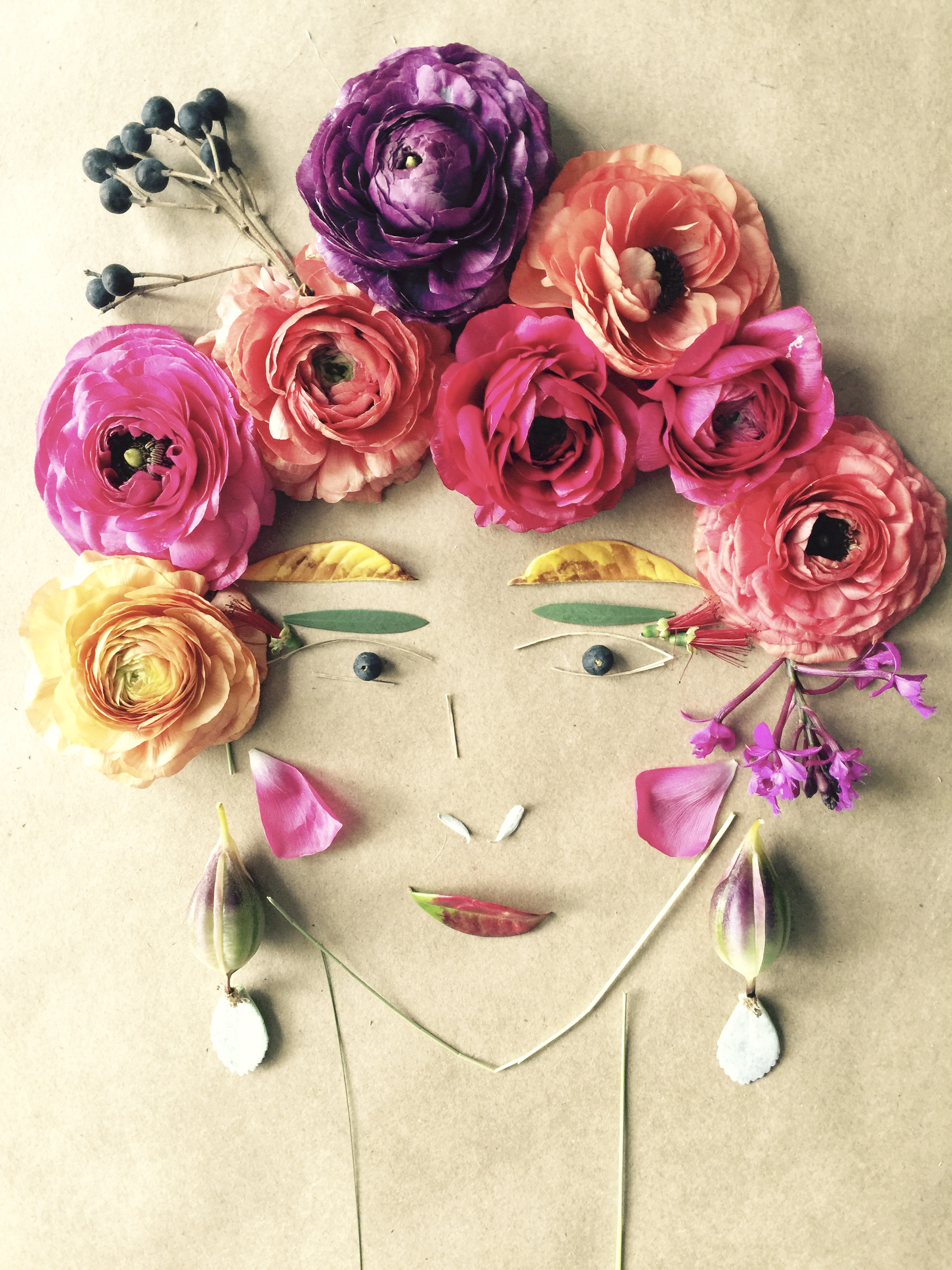 Michelle Larson - A little whimsy from my playful side. After visiting the flower fields in Carlsbad, California this past weekend, I used the sherbet colored ranunculus and other foliage finds from around my neighborhood to create BLOSSOM. That's her name. Isn't she pretty?! What fun!! 