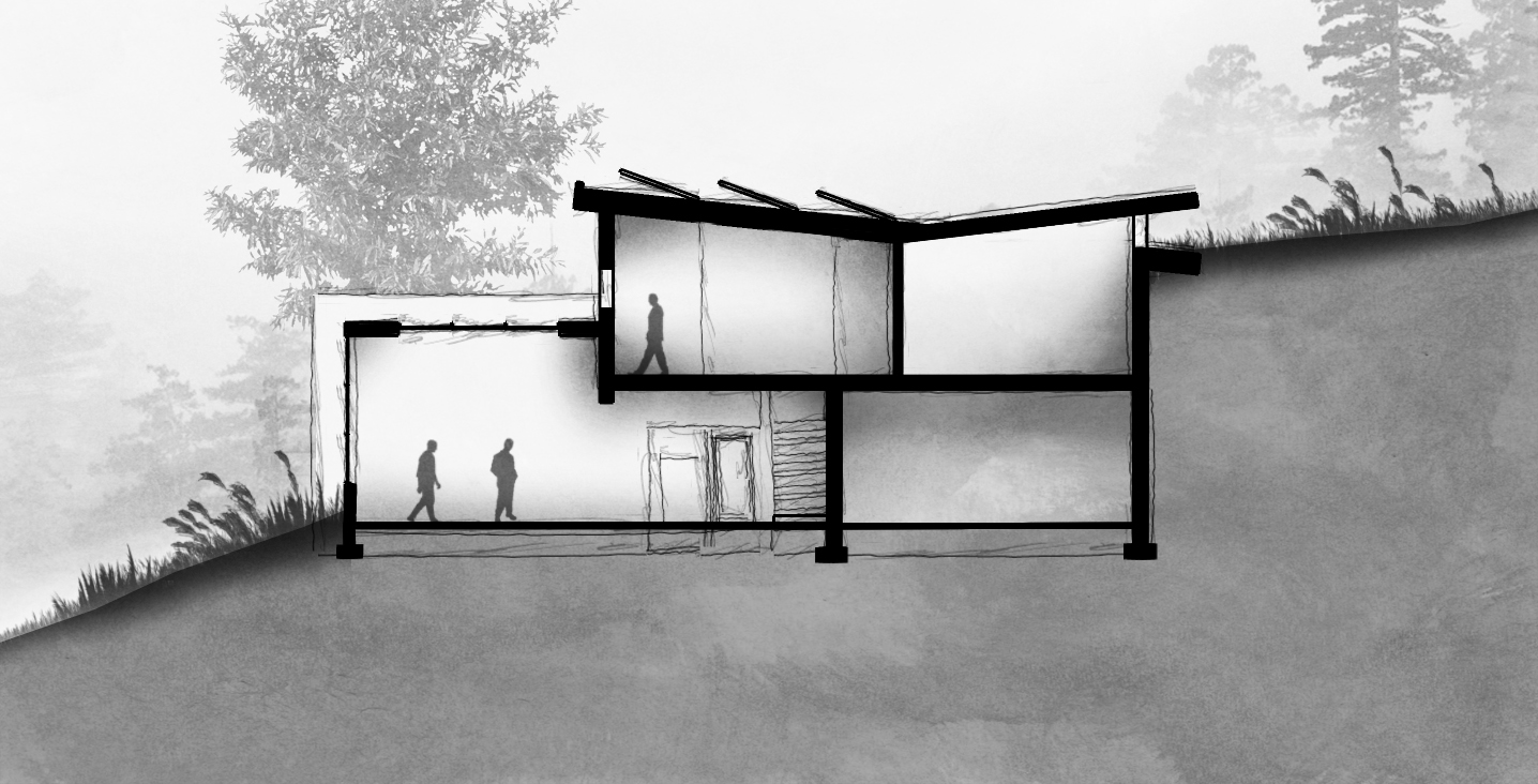 section through living space, mechanical room, and upstairs dwellings