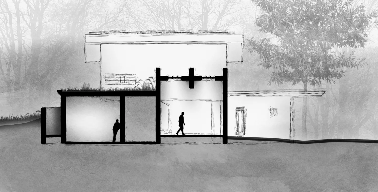 section through living space and master bedroom
