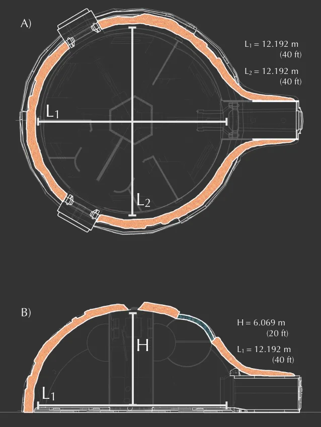 Figure 10. Mars settlement structure and dimensional properties. A) Bird’s-eye view of floor plan. B) Side view of structure. The unit dimensions shown above are that of fractal unit 4 (e.g. medical, laboratory, communal living). 