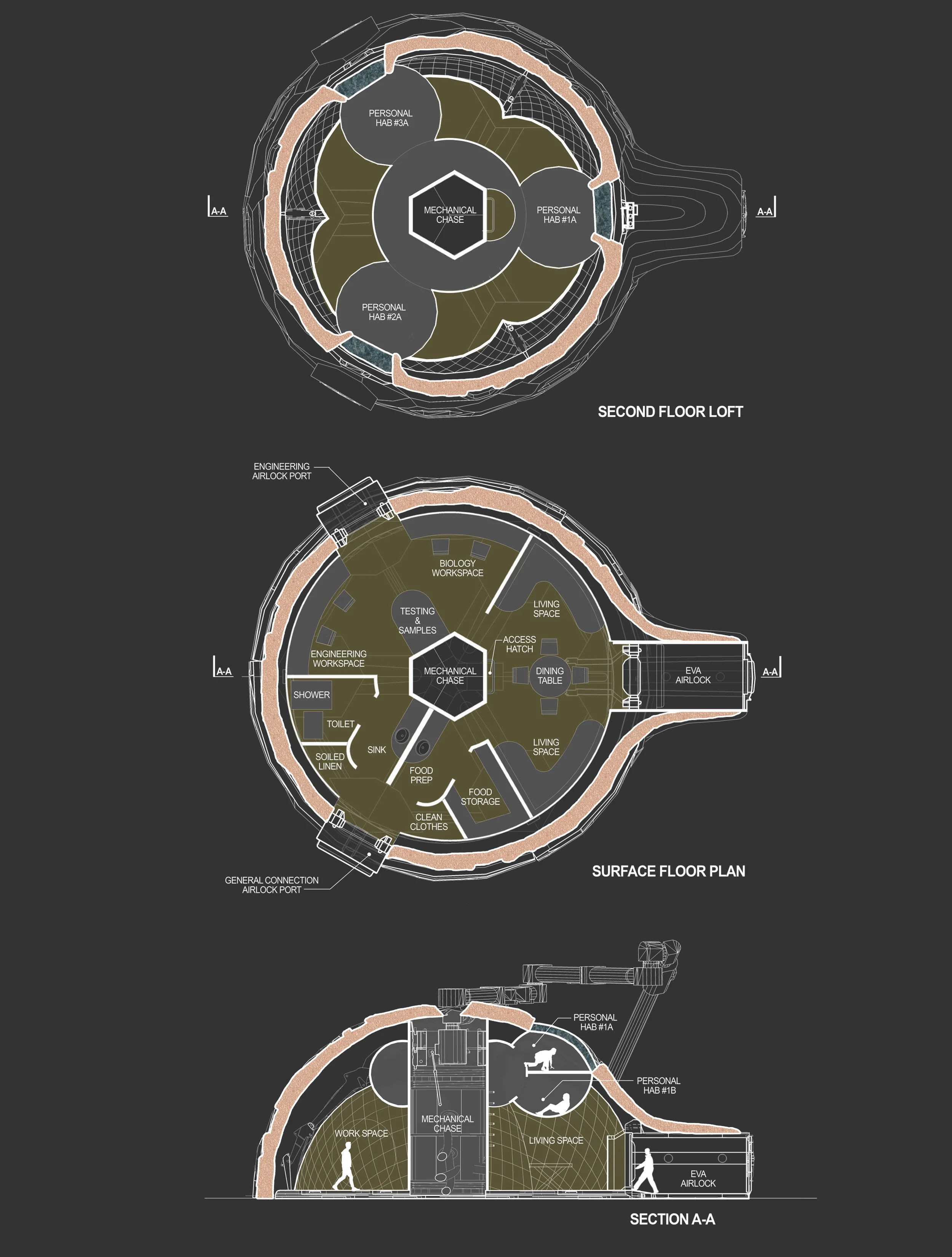 Figure 13. Architectural plans and section.
