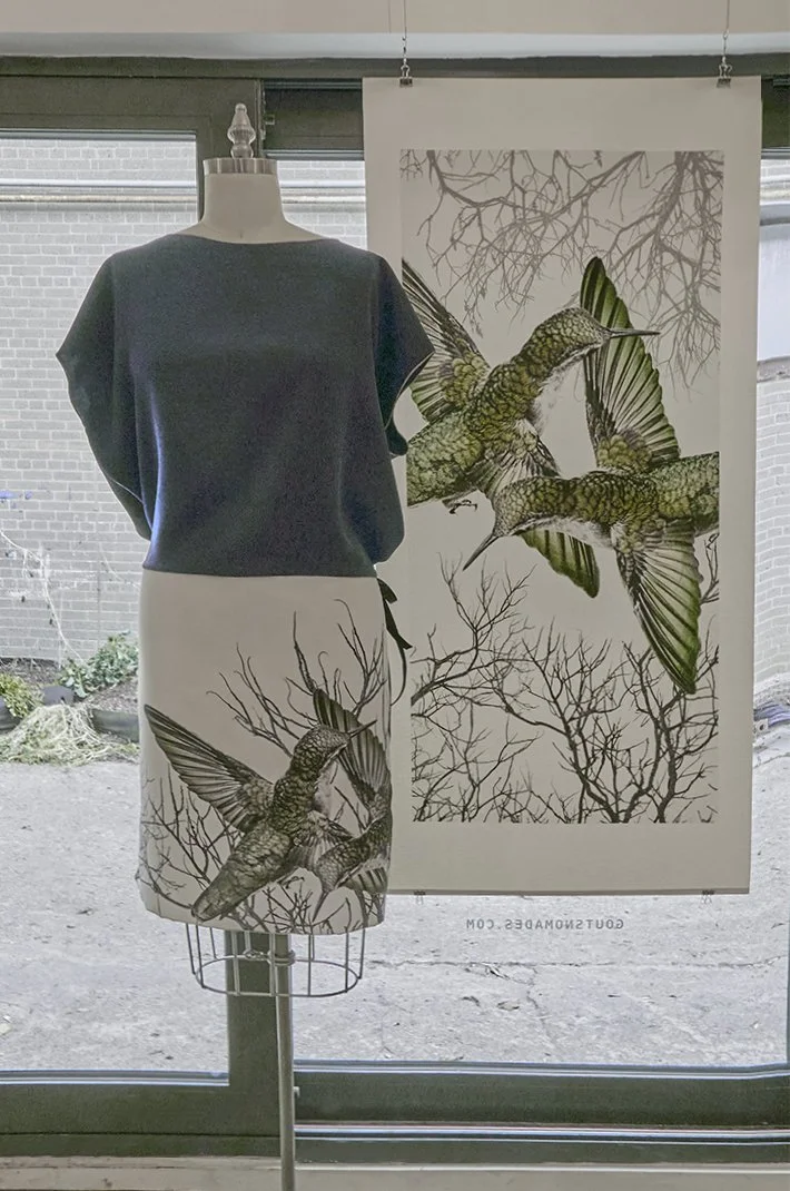 Colibris sur toile et tissu polyester pour jupe réalisée par M+M