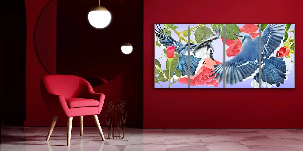 marccramer-Geais Bleus dans nos jardin-40%22Hx72%22L-FOND ROUGE.jpg