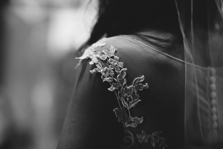 Black and White Shot of Lace Wedding Dress