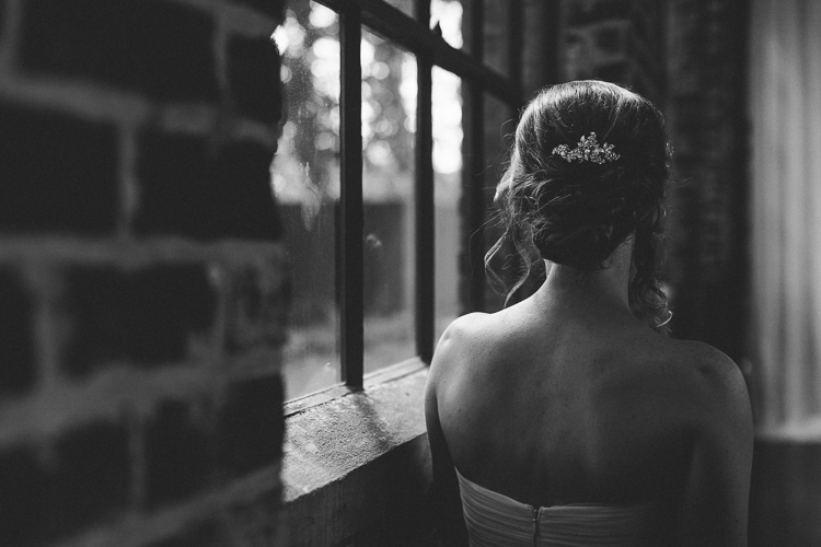Black and white bridal portrait from behind