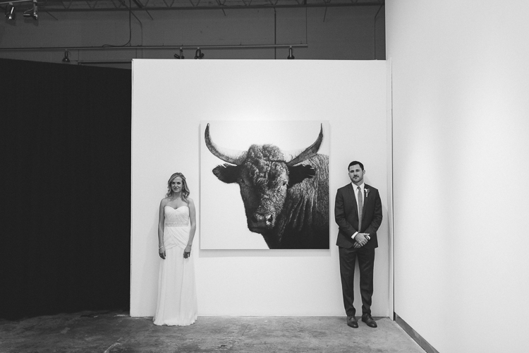 Artsy black and white bride and groom portrait