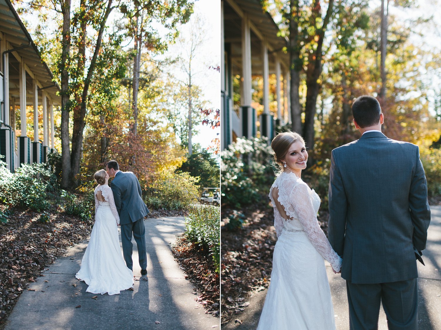 Bride and groom holding hands walking down sidewalk