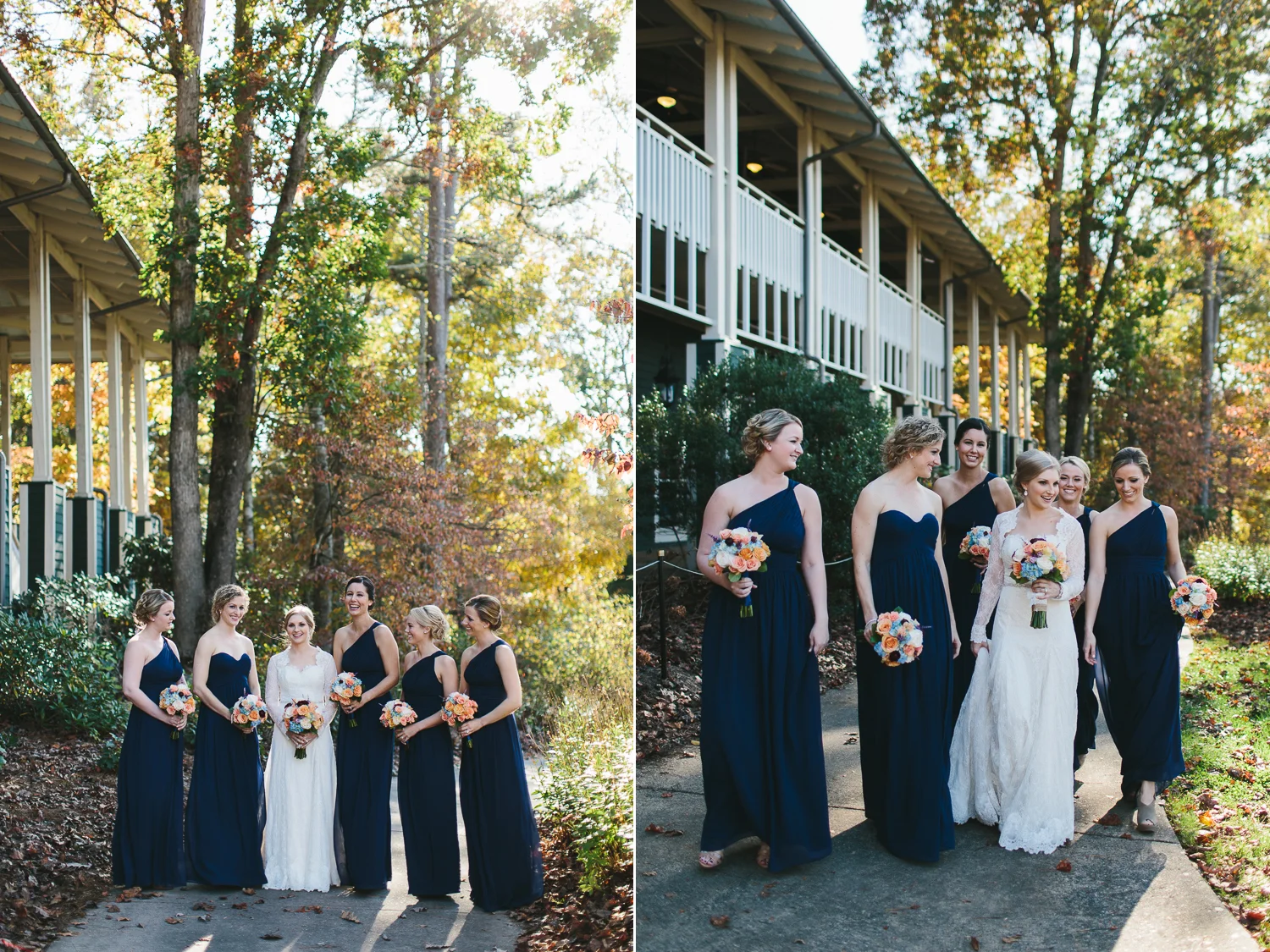 Bride walking with her bridesmaids
