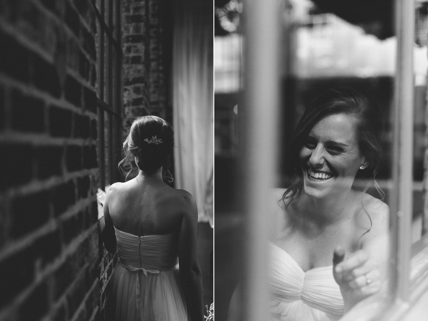 Black and white reflection portrait of bride