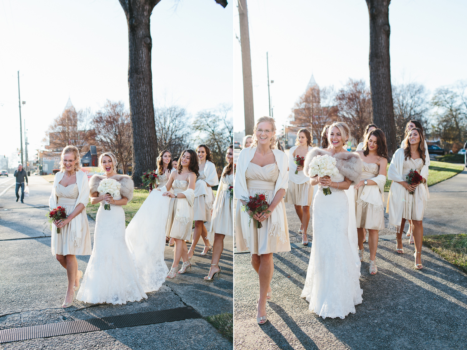bride and bridesmaids walking down the street together
