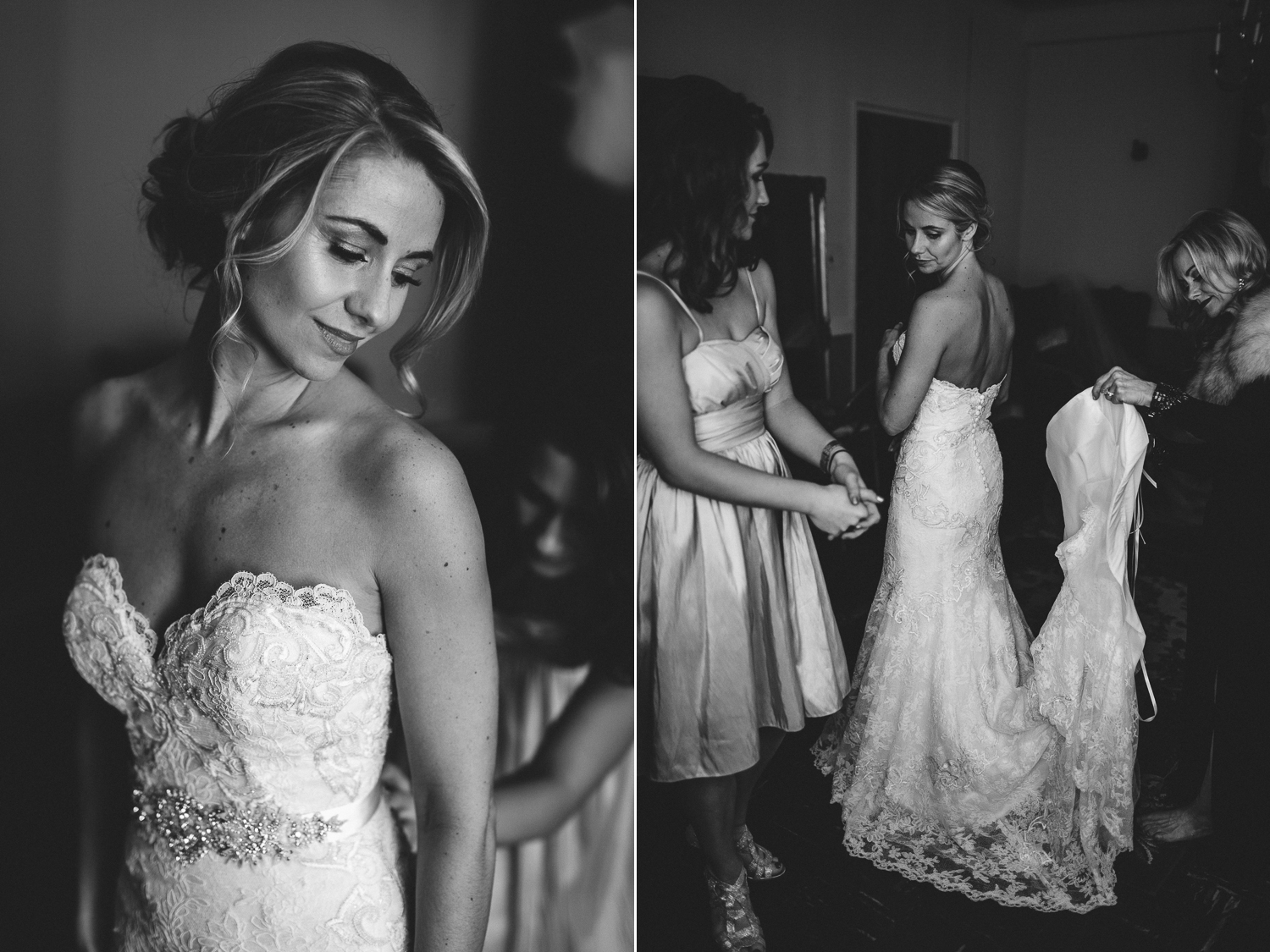 beautiful black and white portrait of bride getting ready