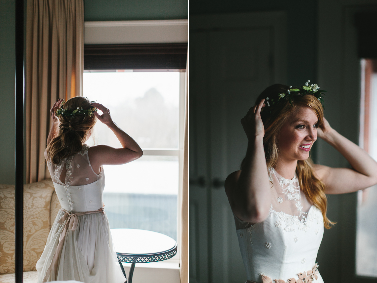 bohemian bride putting on her flower crown