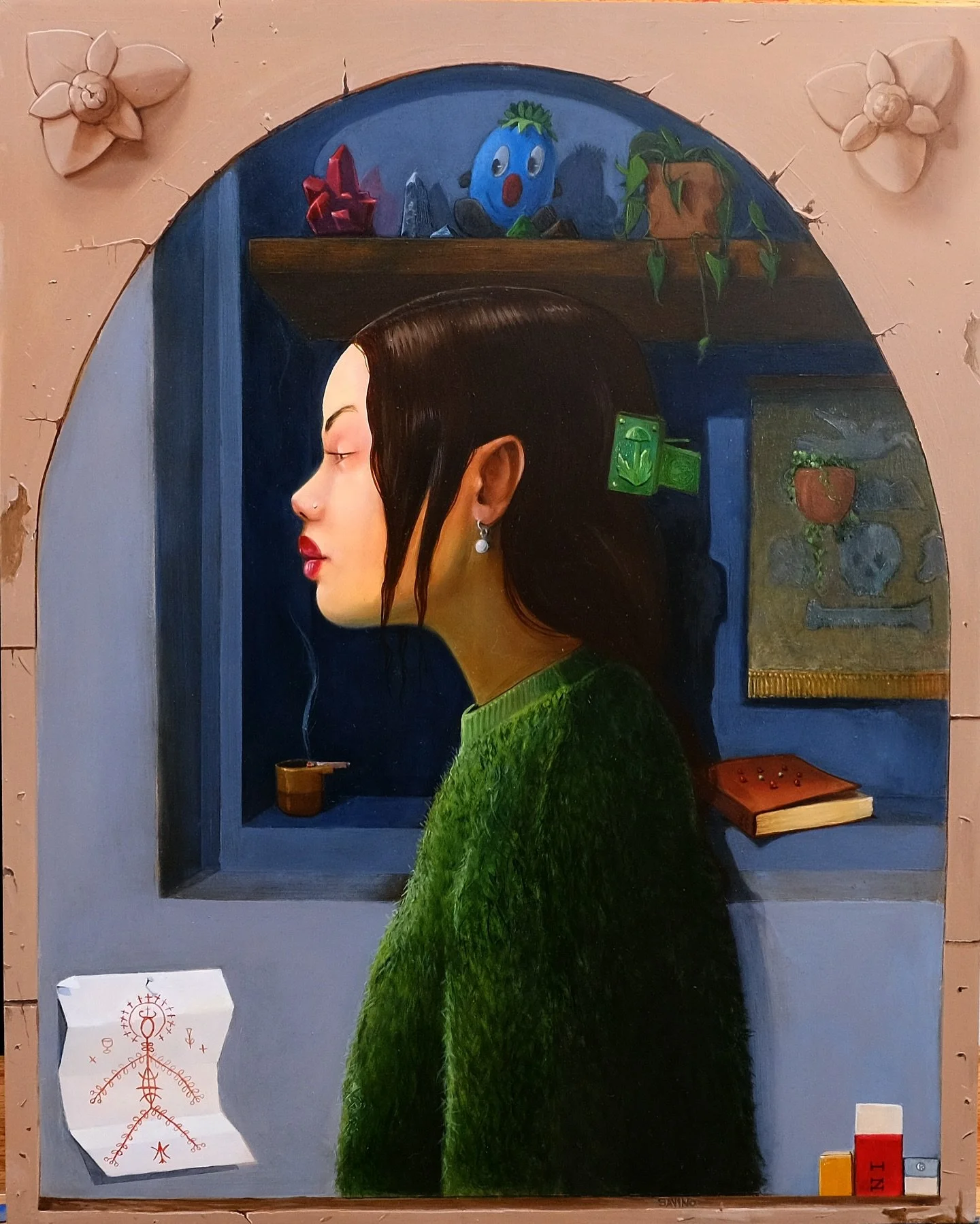 Mono No Aware, 2025
16 in x 20 in
Oil on Panel

Mono No Aware explores how we collect and display both objects and ourselves in today&rsquo;s more culturally intersecting world.

This work began with Domenico Ghirlandaio&rsquo;s Portrait of Giovanna 