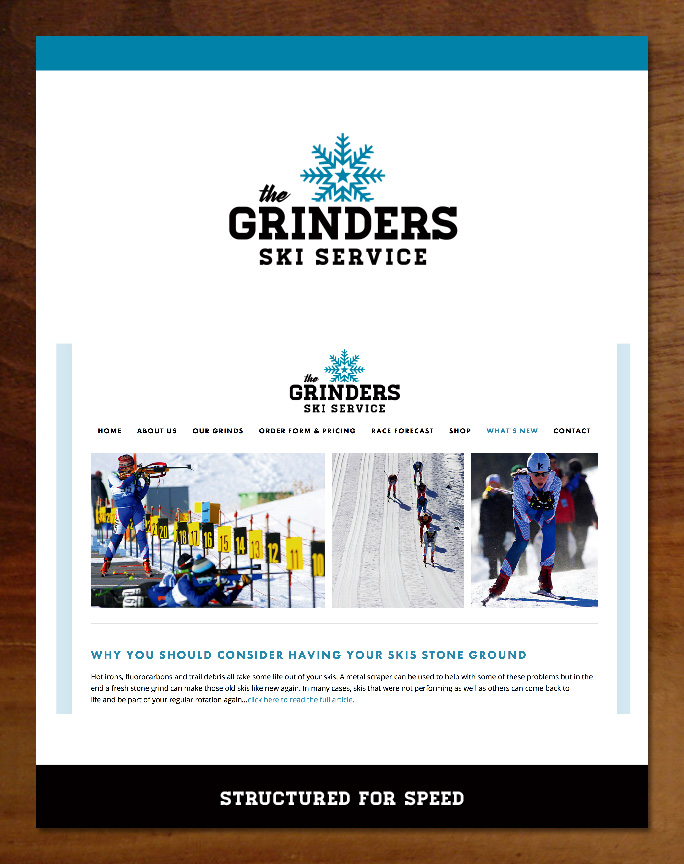 Grinders Ski Service logo, branding and website design 