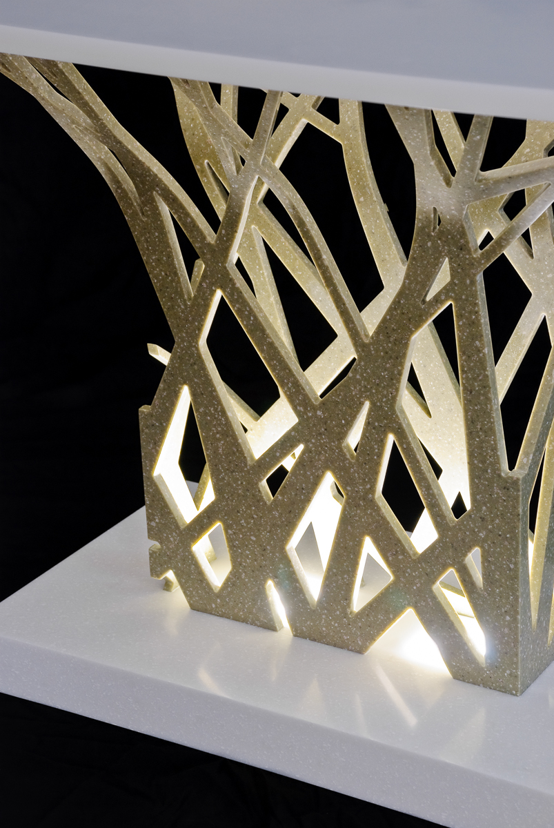 Illuminated table base. Design by Paul Vu. Fabrication by Sterling Surfaces. Photo by Jeff Baumgart.
