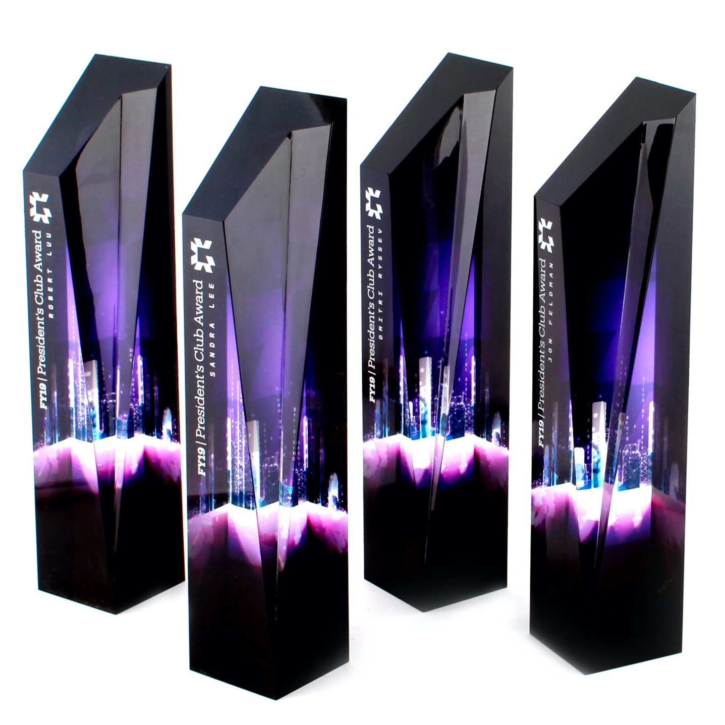abstract and modern acrylic awards. Creative and unique cityscape graphic. Corporate recognition. 