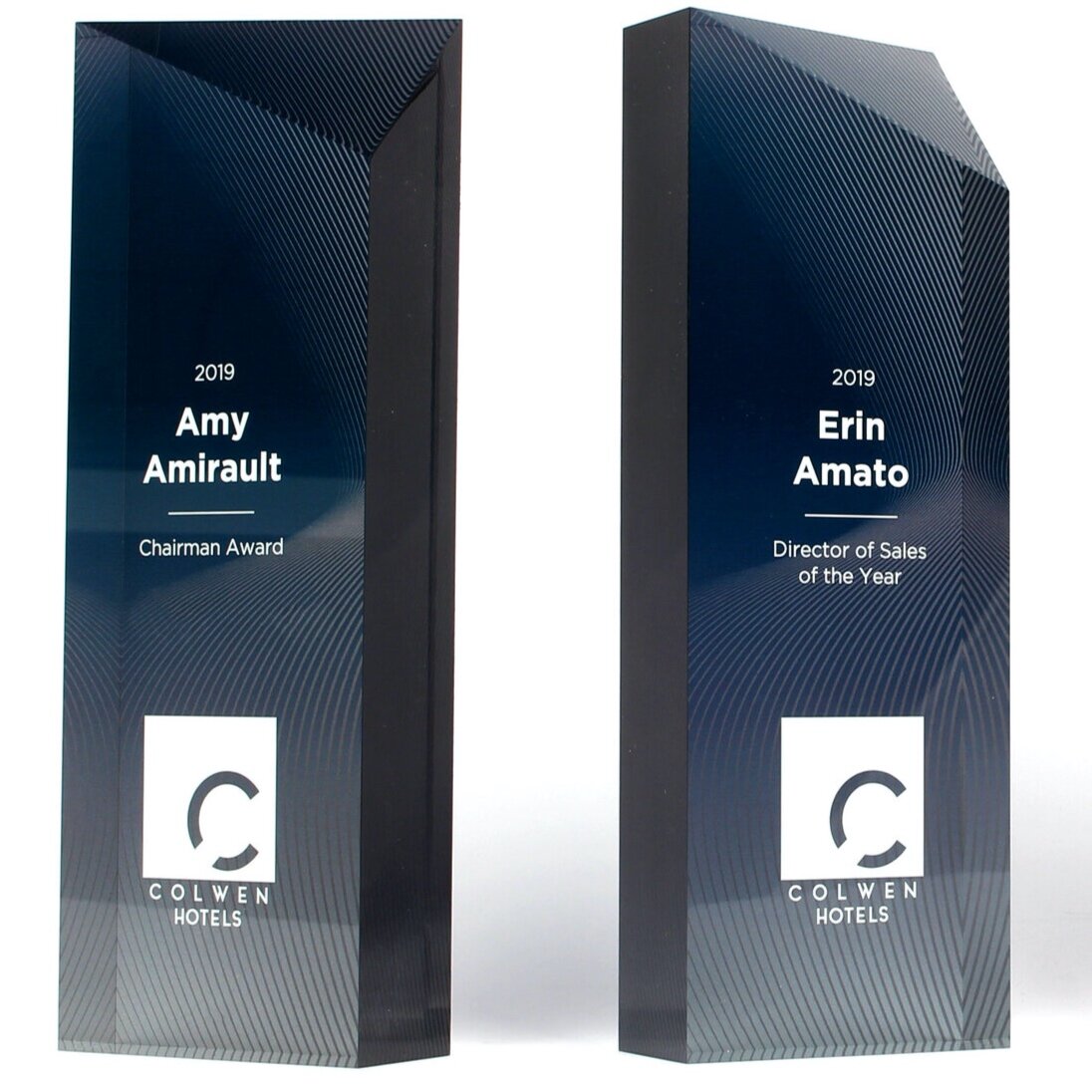 A modern and unique award crafted from diamond polished acrylic so it looks like glass or crystal. High quality awards and trophies perfect for any corporate event or employee recognition program. 