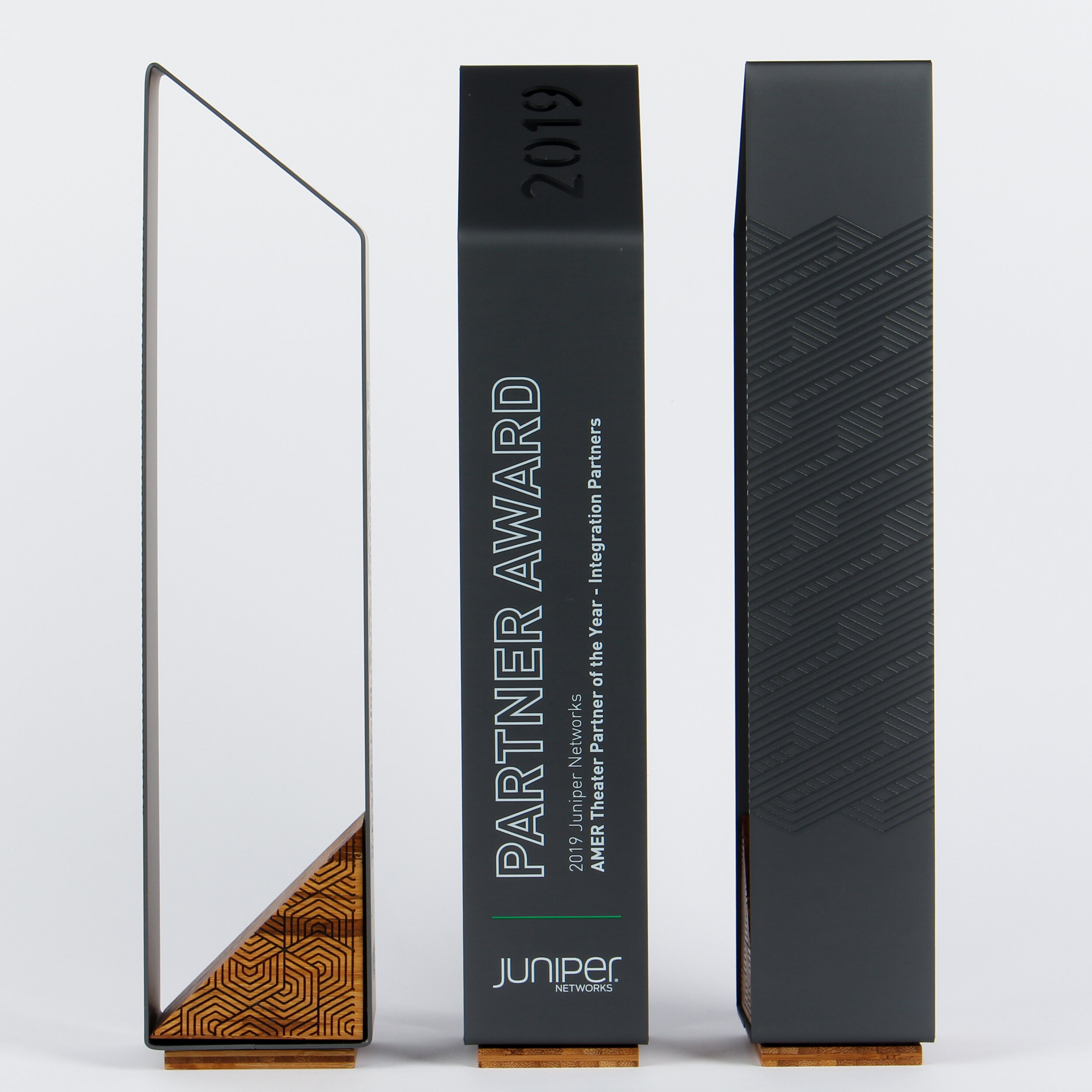 Juniper Networks partner awards and trophies. Modern and beautiful. Great for corporate recognition or service awards and trophies.  