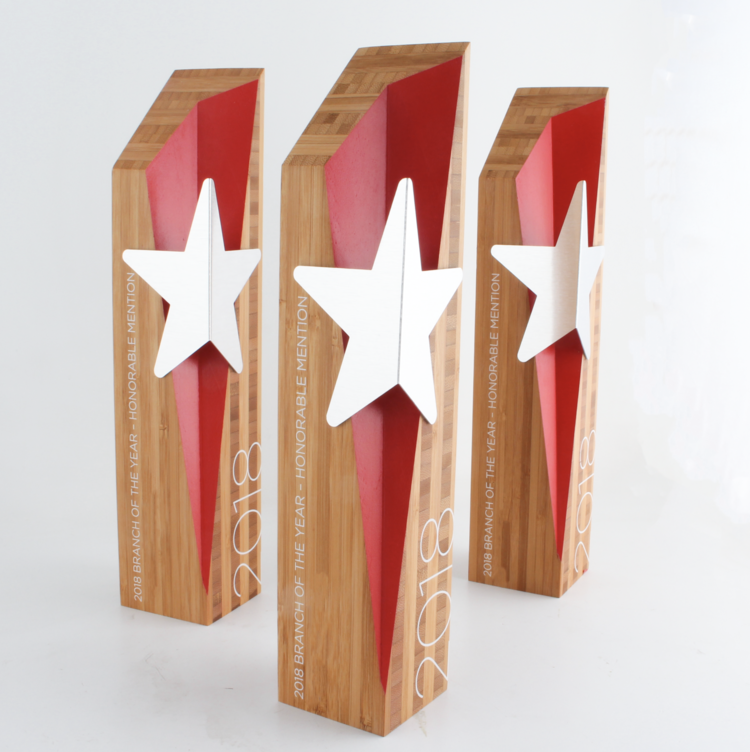 red bamboo award with custom cnc cut star eco friendly 3