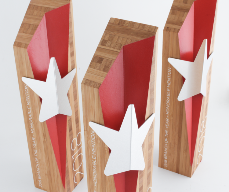 red bamboo award with custom cnc cut star eco friendly 3
