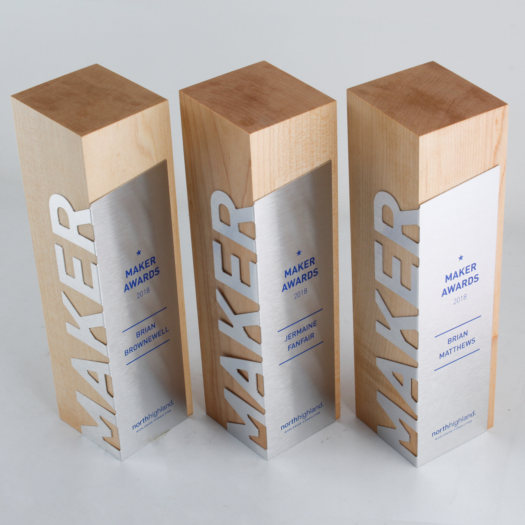 simple modern wood awards handcrafted from maple wood custom corporate trophies   