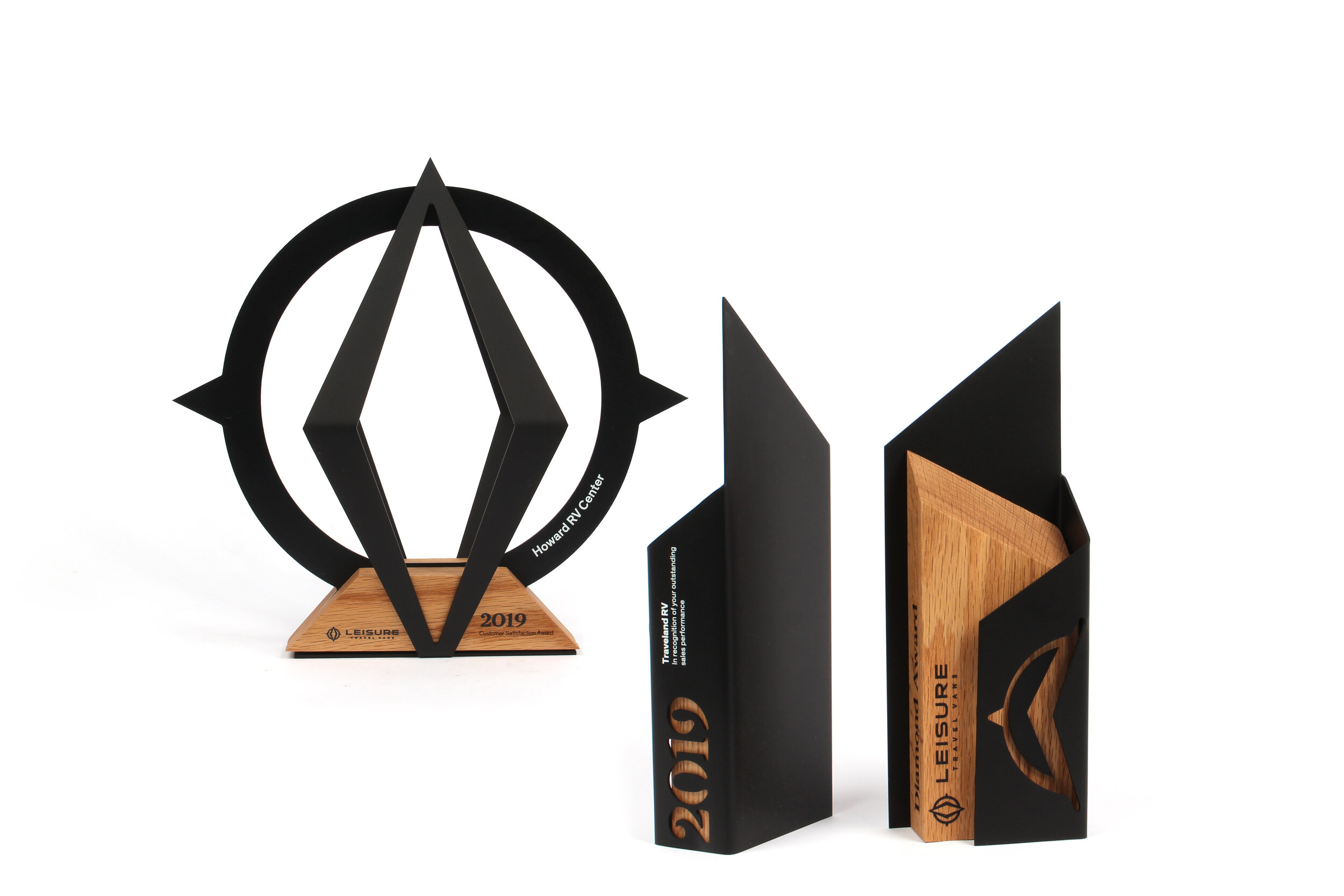 Leisure Travel vans dealer appreciation awards custom wood and metal laser engraved