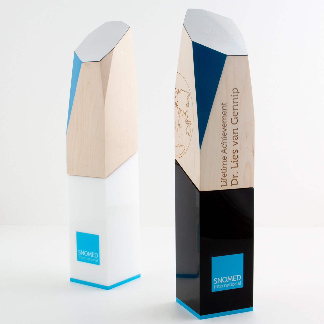 SNOMED International custom awards wood and acrylic laser engraved