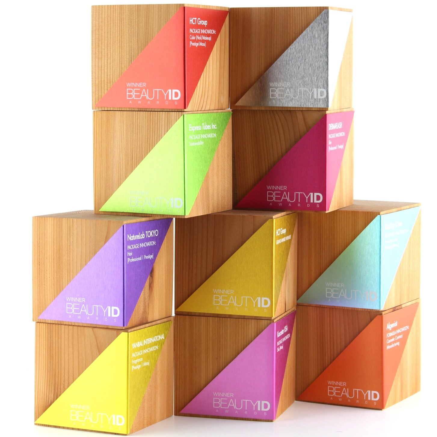colourful wood cube awards modern beauty trophies 
