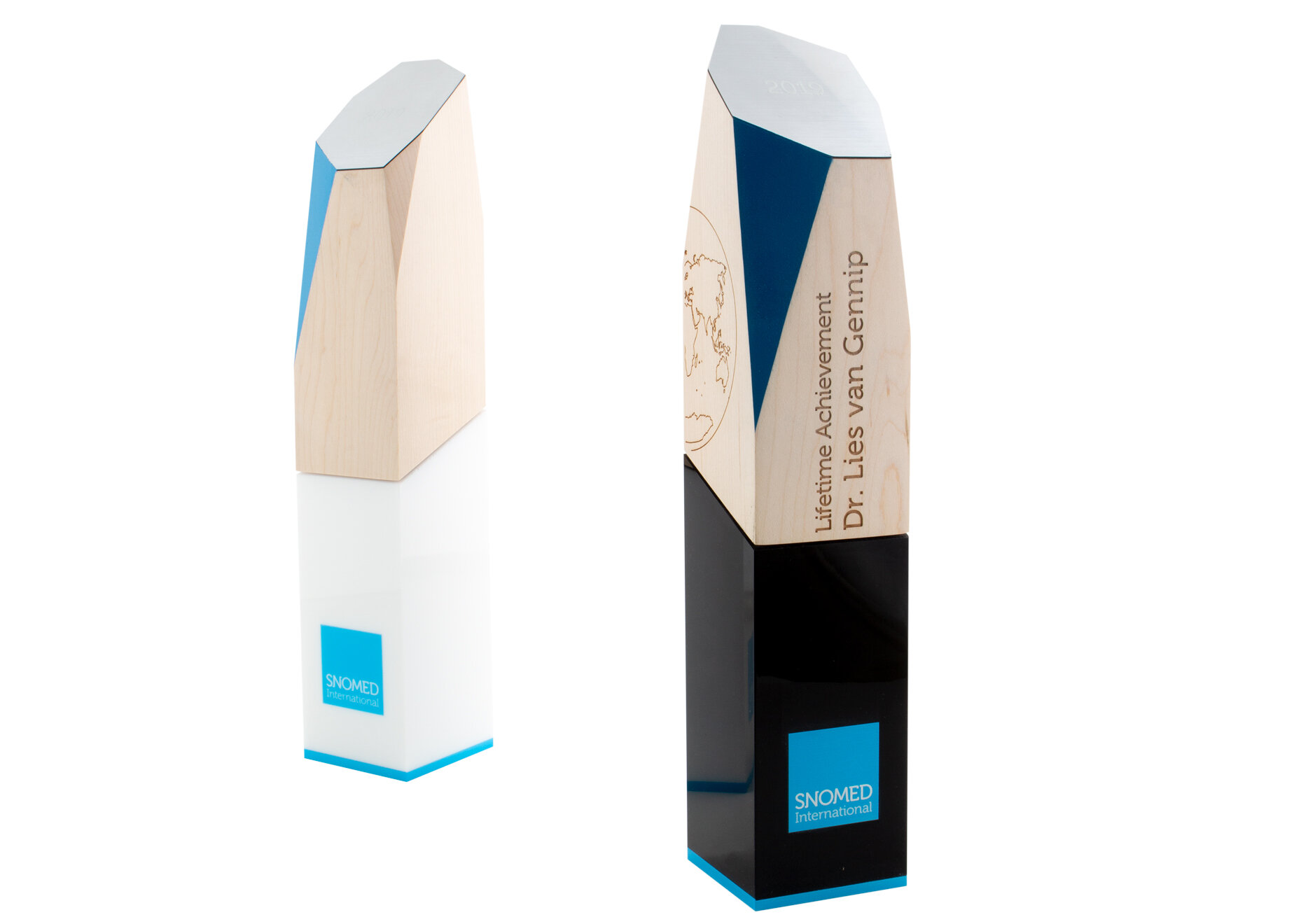 SNOMED International custom awards wood and acrylic laser engraved 2