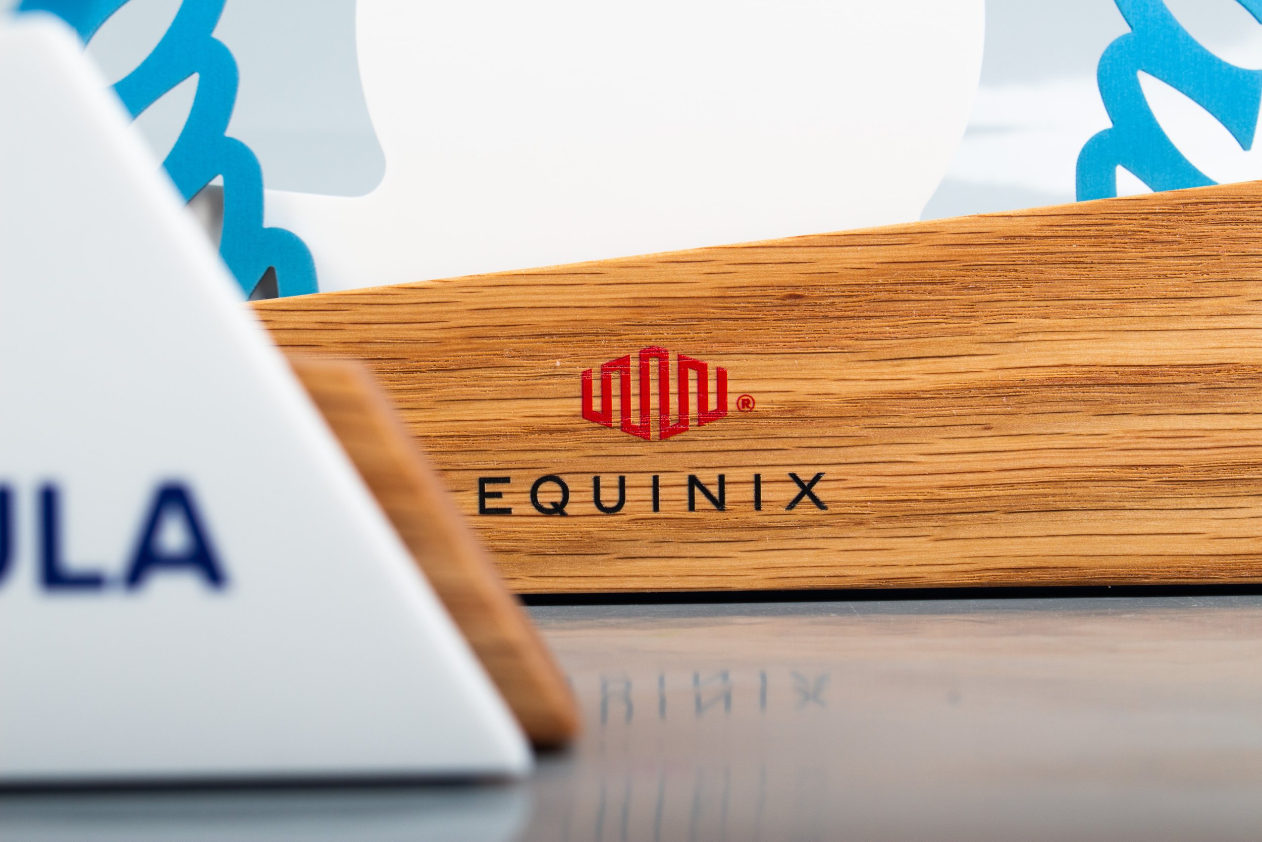 Equinix custom awards - oak wood and brand logo 
