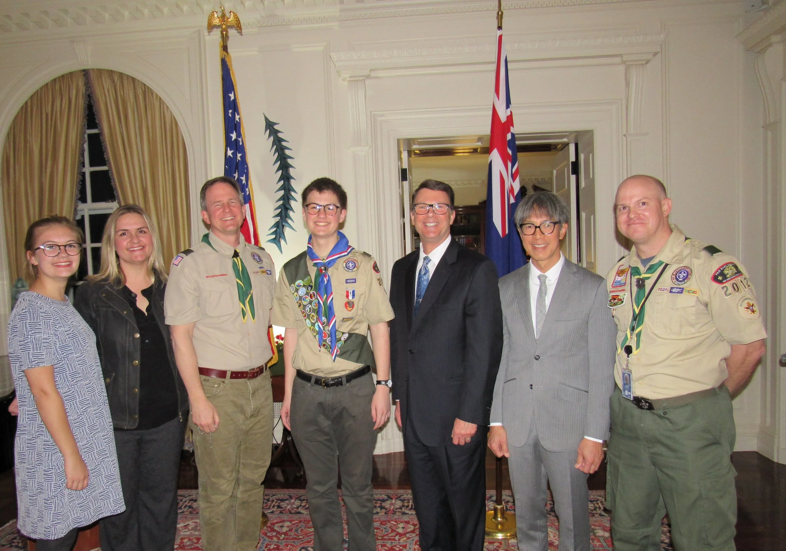 (from left) the 4 Waddoupi, Ambassador Berrey, his partner Curtis, scoutmaster Chris Odell.
