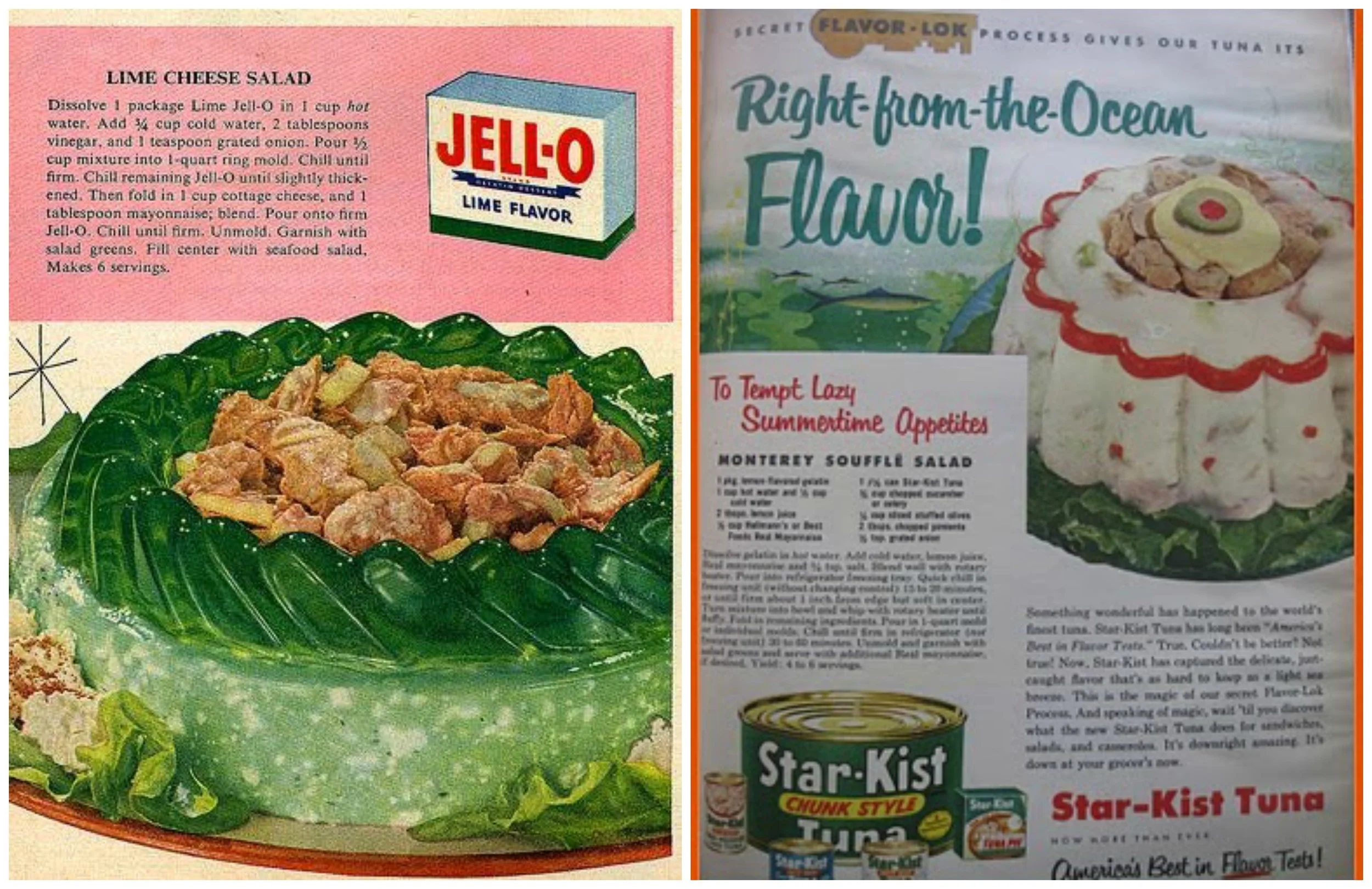 I am throwing up just a little bit in my mouth over the lime jello filled with "seafood salad" (TUNA). And it doesnt even look good though the image on the right is a direct relation to Cold Set / Jambon Chaud Froid...only poor man version as it is simple to do but equally as showy. Please do not tempt my summertime appetite with this horror.