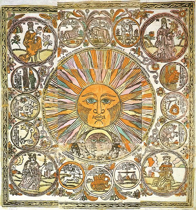 A depiction of (example of Lubki illustration/art style) Солнце, Луна, времена года и двенадцать месяцев в виде знаков Зодиака. Лубок. Конец XVII -начало XVIII в.