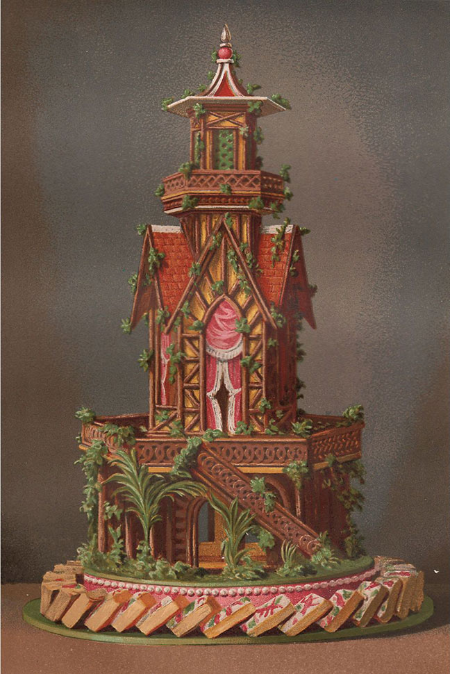 Gingerbread House, 1847 From The Royal Book of Pastry and Confectionery by palace chef Jules Gouffe. Chromolithograph from British edition. London, Sampson Low, Marston, Low and Searle, 1874. Unframed. As described by Ursus Books and Prints