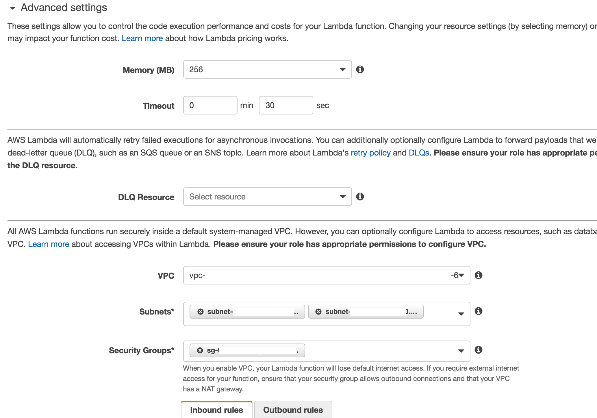 Image 3: selecting the appropriate VPC, subnets and SecurityGroups for your Lambda