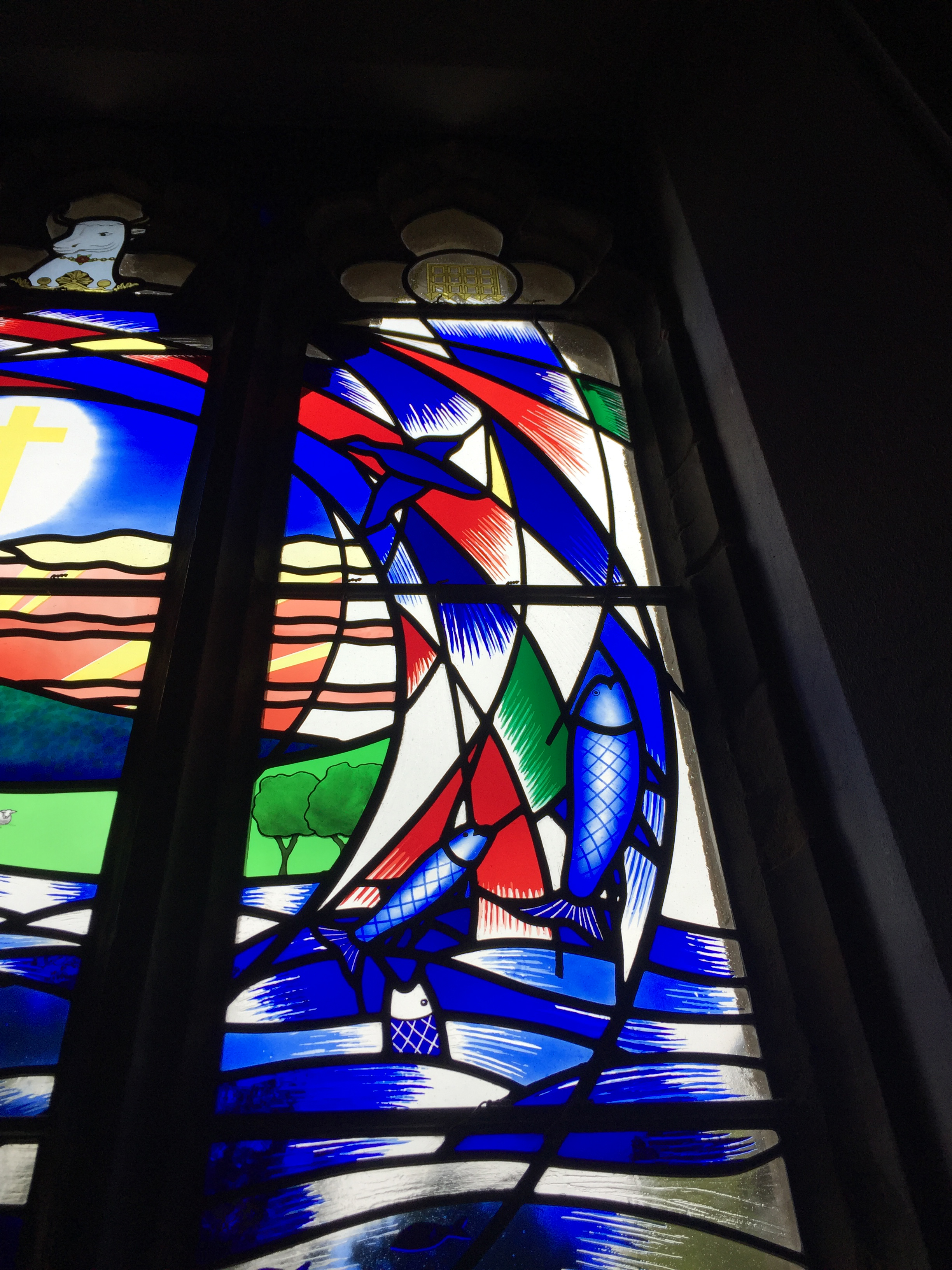 Stained glass jumping fish in Eridge Church window